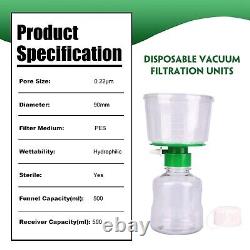 Système de filtre à vide pour bouteille de 500ml avec embout, stérile 0,22 ? M PES, ensemble entonnoir et récepteur 24.